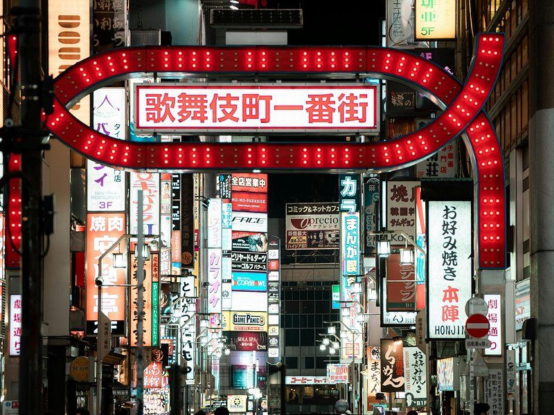 The red neon arch over Kabukicho's main street, signs stacked up every building